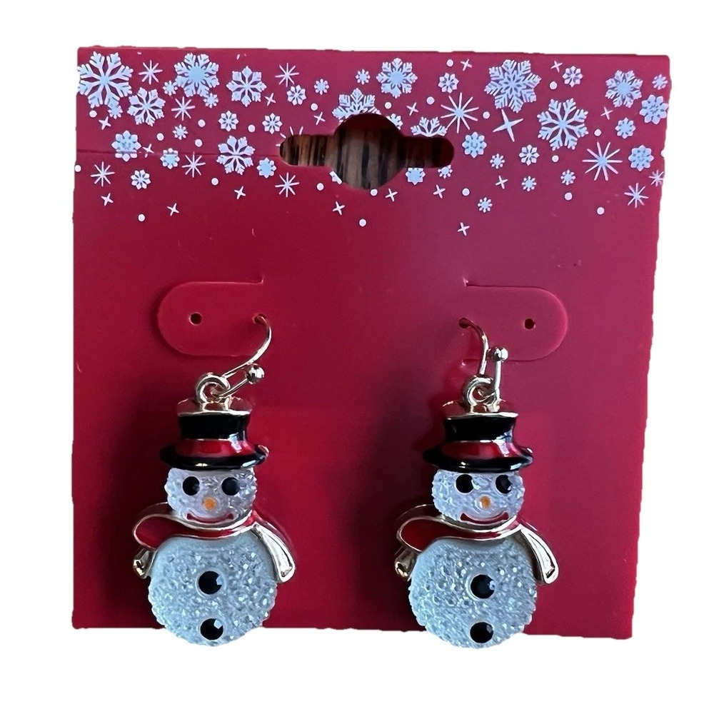 Christmas Snowman Gold Tone Clear Acrylic‎ Drop Earrings Nickel Free